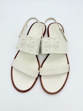 Tory Burch Melinda White Leather Logo Slingback Flat Sandals Size 9